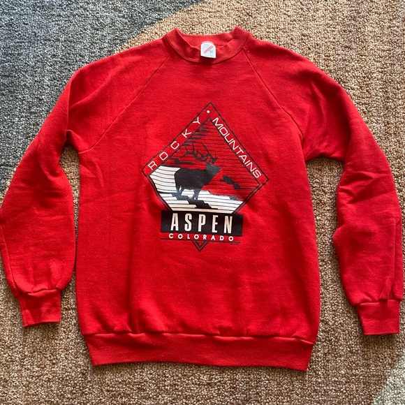 VTG Colorado Aspen Elk Tourist Sweatshirt Medium Red Vintage 80s 90s Black Ski - Picture 3 of 5